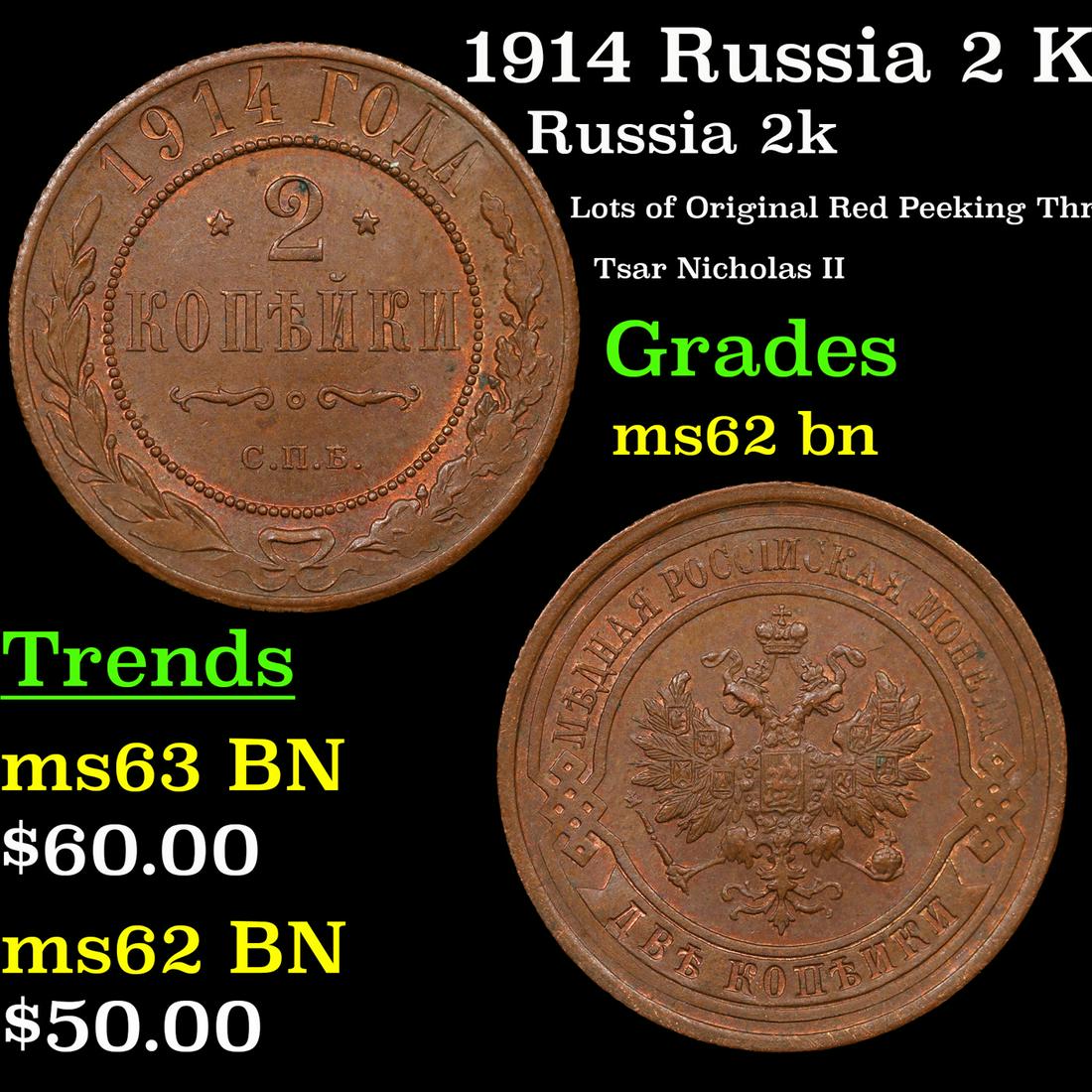 1914 Russia 2 Kopeks Y-10.2 Grades Select Unc BN (1 of 3)