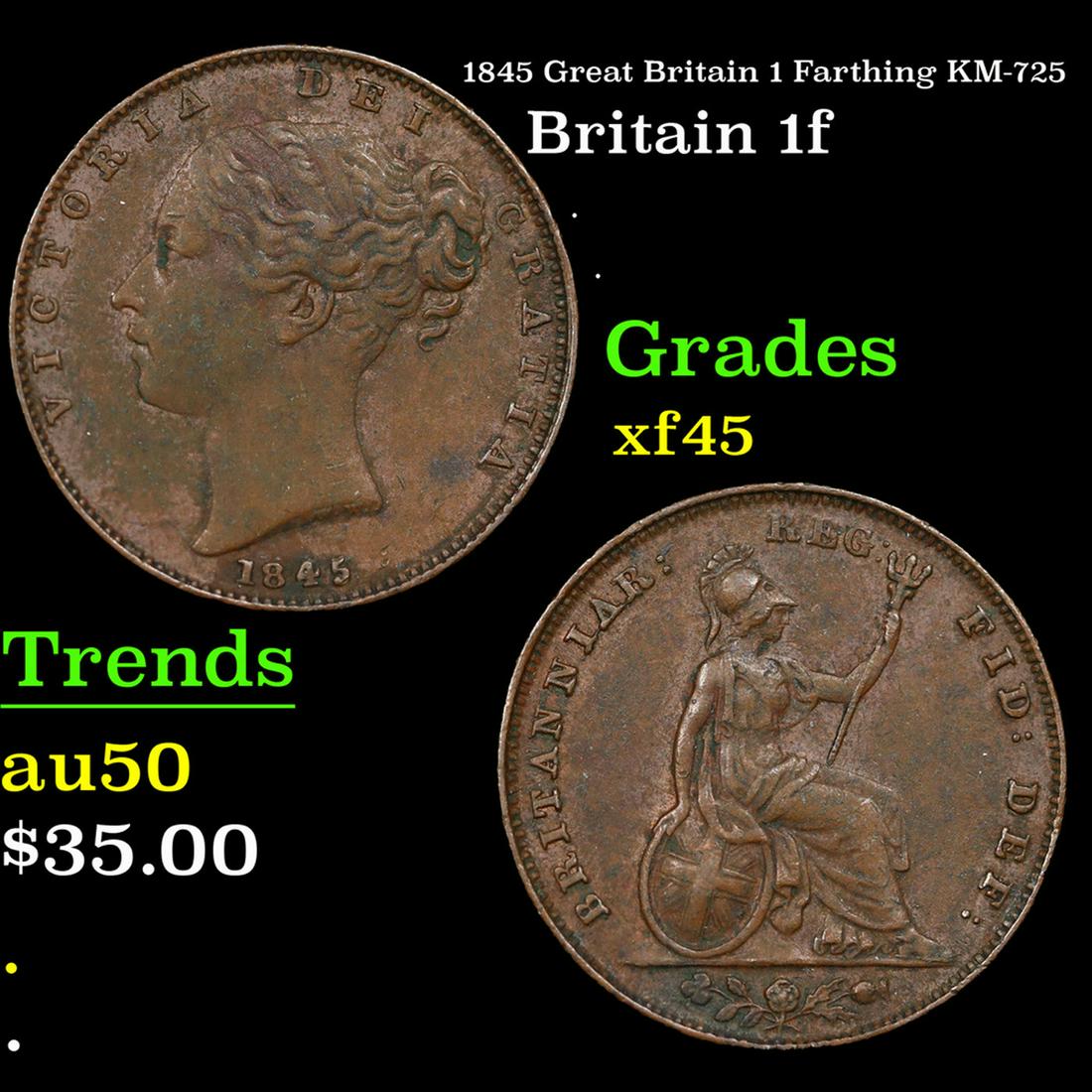 1845 Great Britain 1 Farthing KM-725 Grades xf+ (1 of 3)