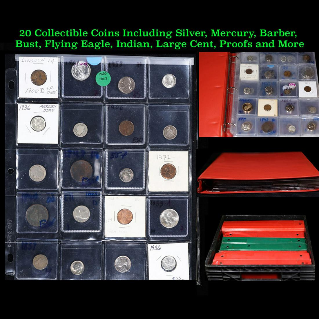 20 Collectible Coins Including Silver, Mercury, Barber, Bust, Flying Eagle, Indian, Large Cent, (1 of 8)