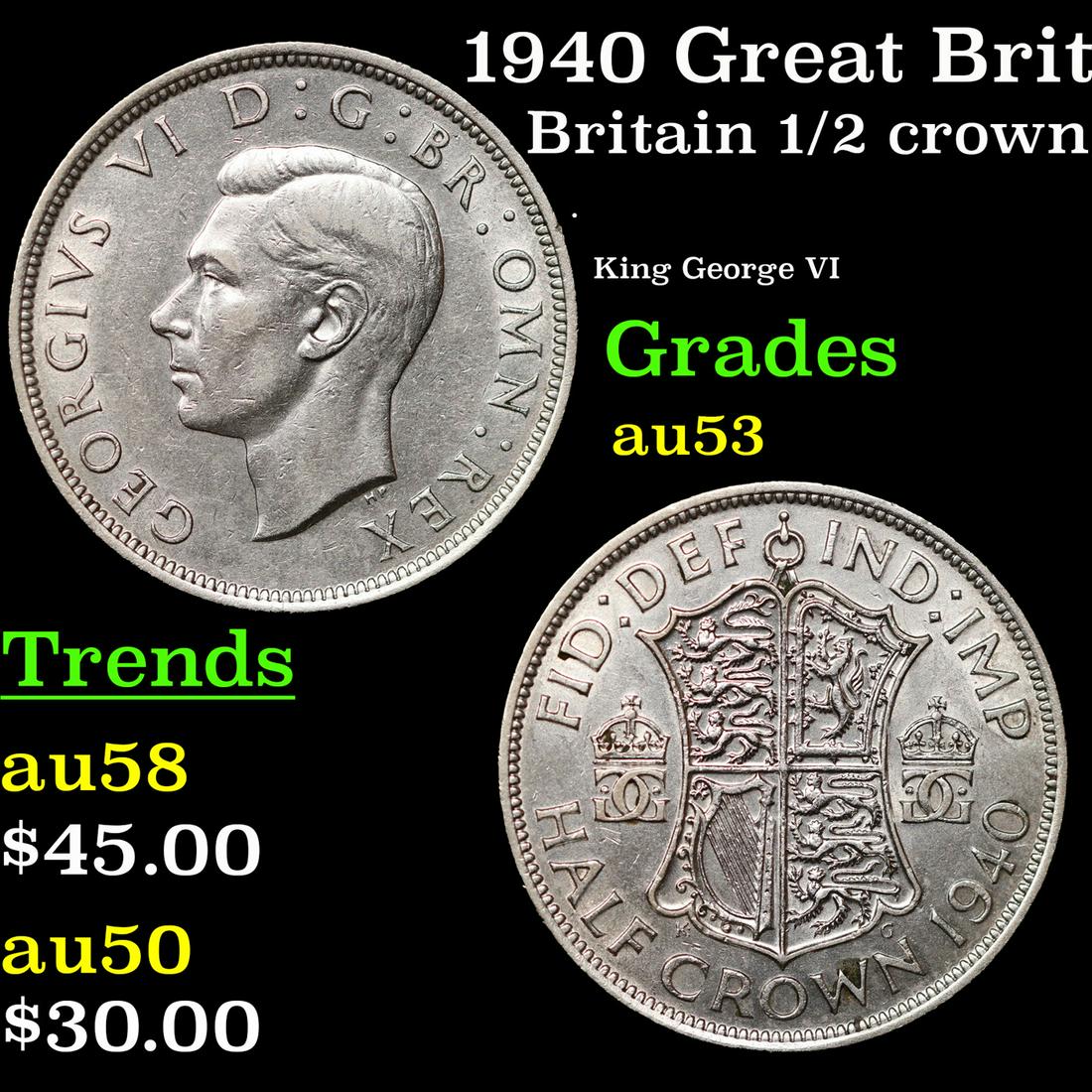 1940 Great Britain 1/2 Crown Silver KM-856 Grades Select AU: 1940 Great Britain 1/2 Crown Silver KM-856 Grades Select AU.