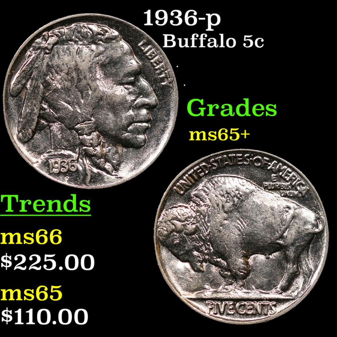 1936-p Buffalo Nickel 5c Grades GEM+ Unc (1 of 3)