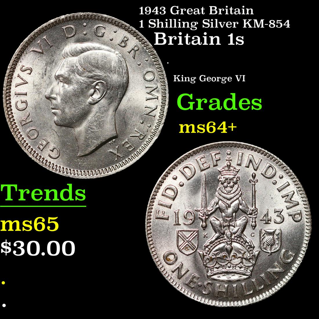 1943 Great Britain 1 Shilling Silver KM-854 Grades Choice+ Unc (1 of 3)
