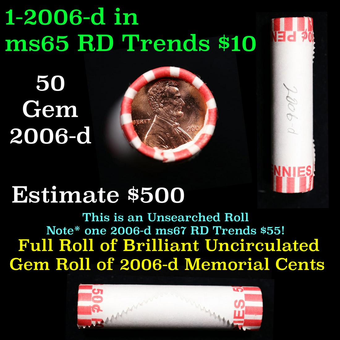 Shotgun Lincoln 1c roll, 2006-d 50 pcs Wrapper.: Shotgun Lincoln 1c roll, 2006-d 50 pcs Wrapper.. A terrific Shotgun roll of Lincoln cents. Most if not all coin should be cherry red. Trends ms65 rd $10