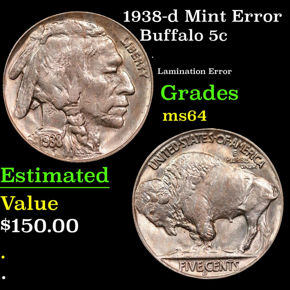 1938-d Buffalo Nickel Mint Error 5c Grades Choice Unc: 1938-d Mint Error Buffalo Nickel 5c Grades Choice Unc.
