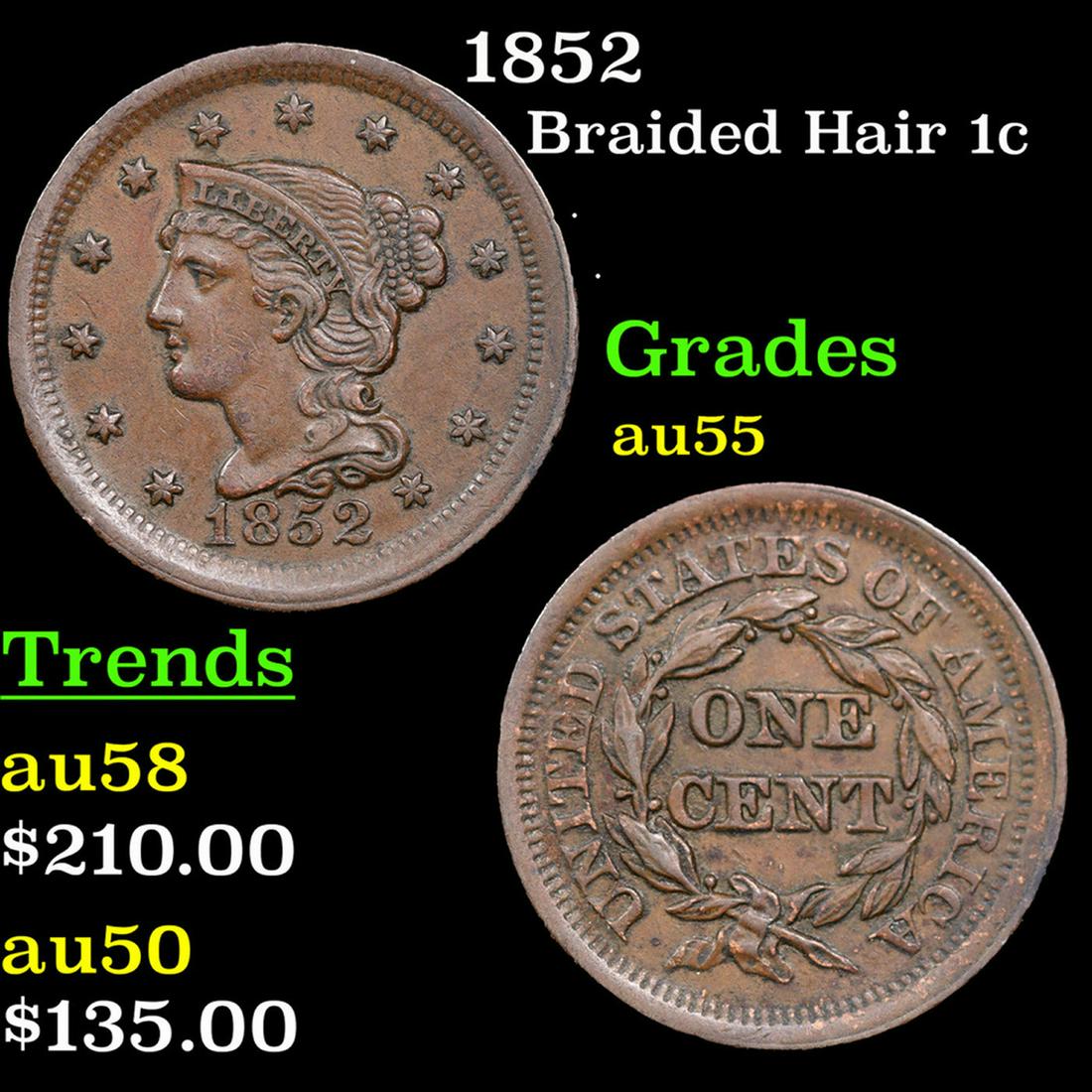 1852 Braided Hair Large Cent 1c Grades Choice AU (1 of 3)