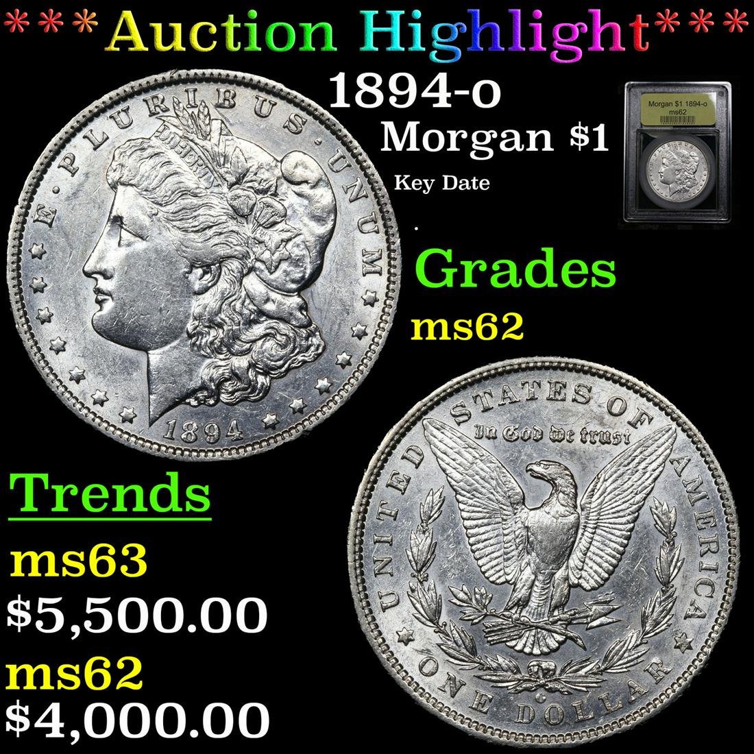 ***Auction Highlight*** 1894-o Morgan Dollar $1 Graded Select Unc By USCG (fc) (1 of 5)