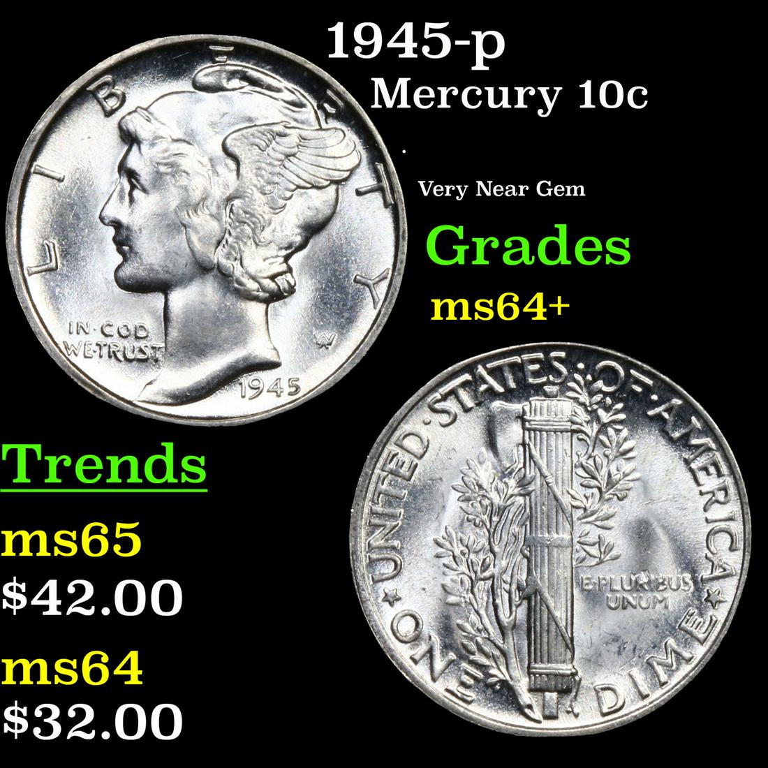 1945-p Mercury Dime 10c Grades Choice+ Unc: 1945-p Mercury Dime 10c Grades Choice+ Unc.