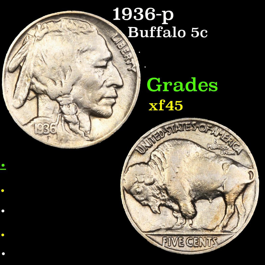 1936-p Buffalo Nickel 5c Grades xf+ (1 of 3)