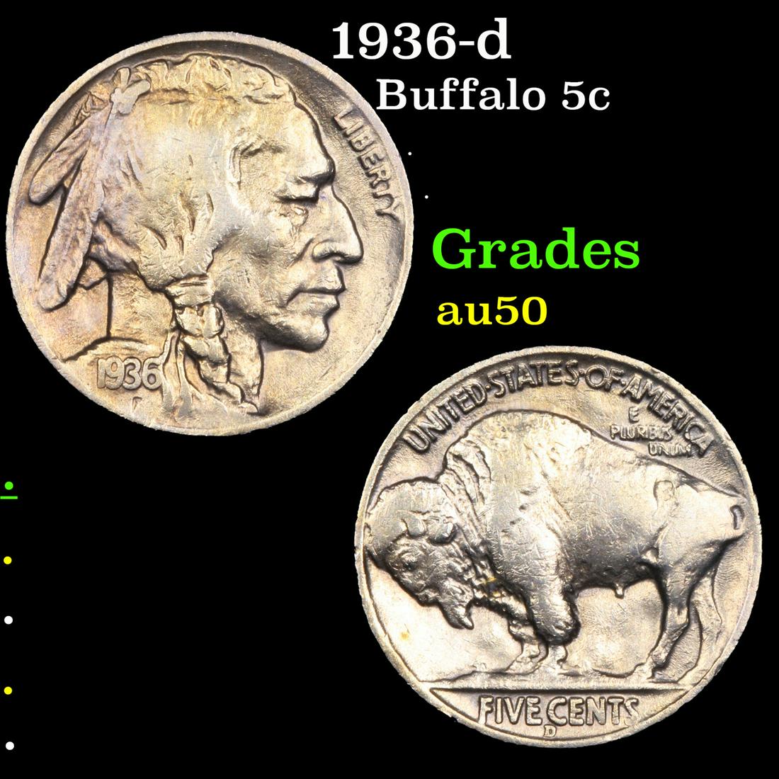 1936-d Buffalo Nickel 5c Grades AU, Almost Unc (1 of 3)