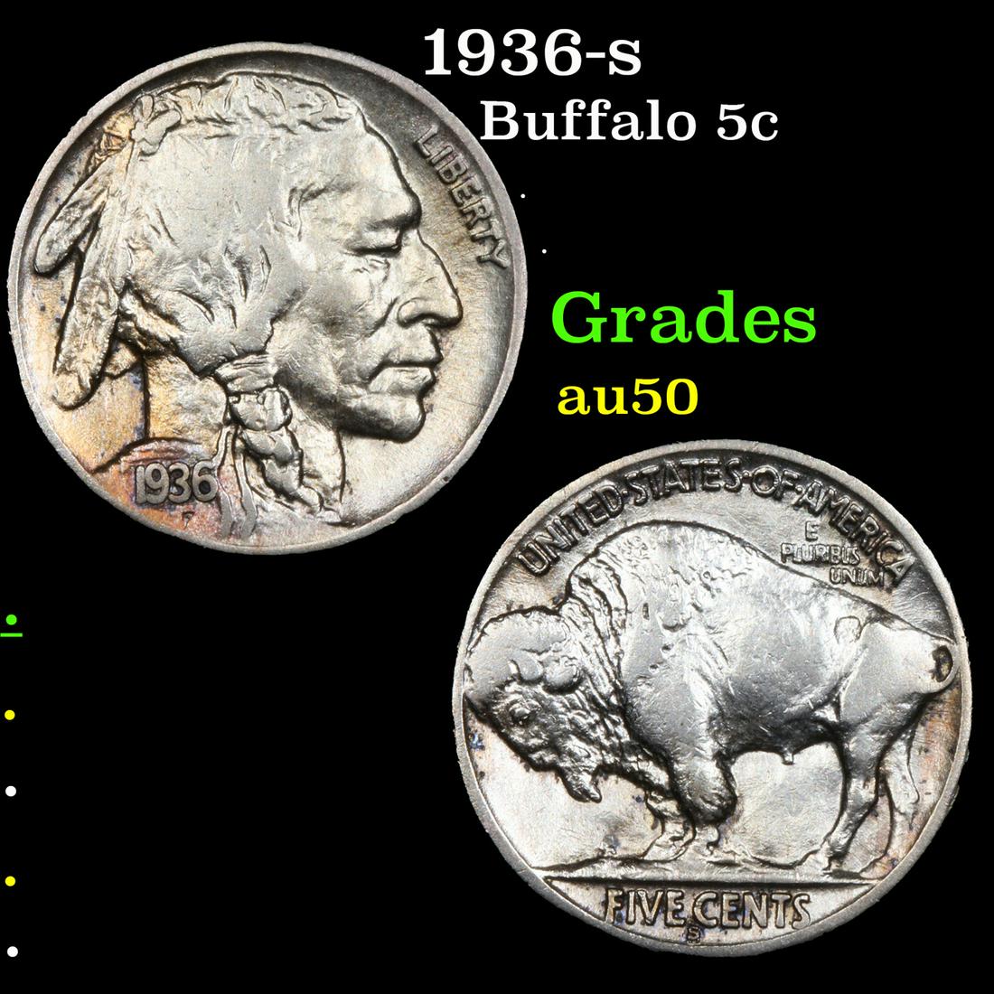 1936-s Buffalo Nickel 5c Grades AU, Almost Unc (1 of 3)
