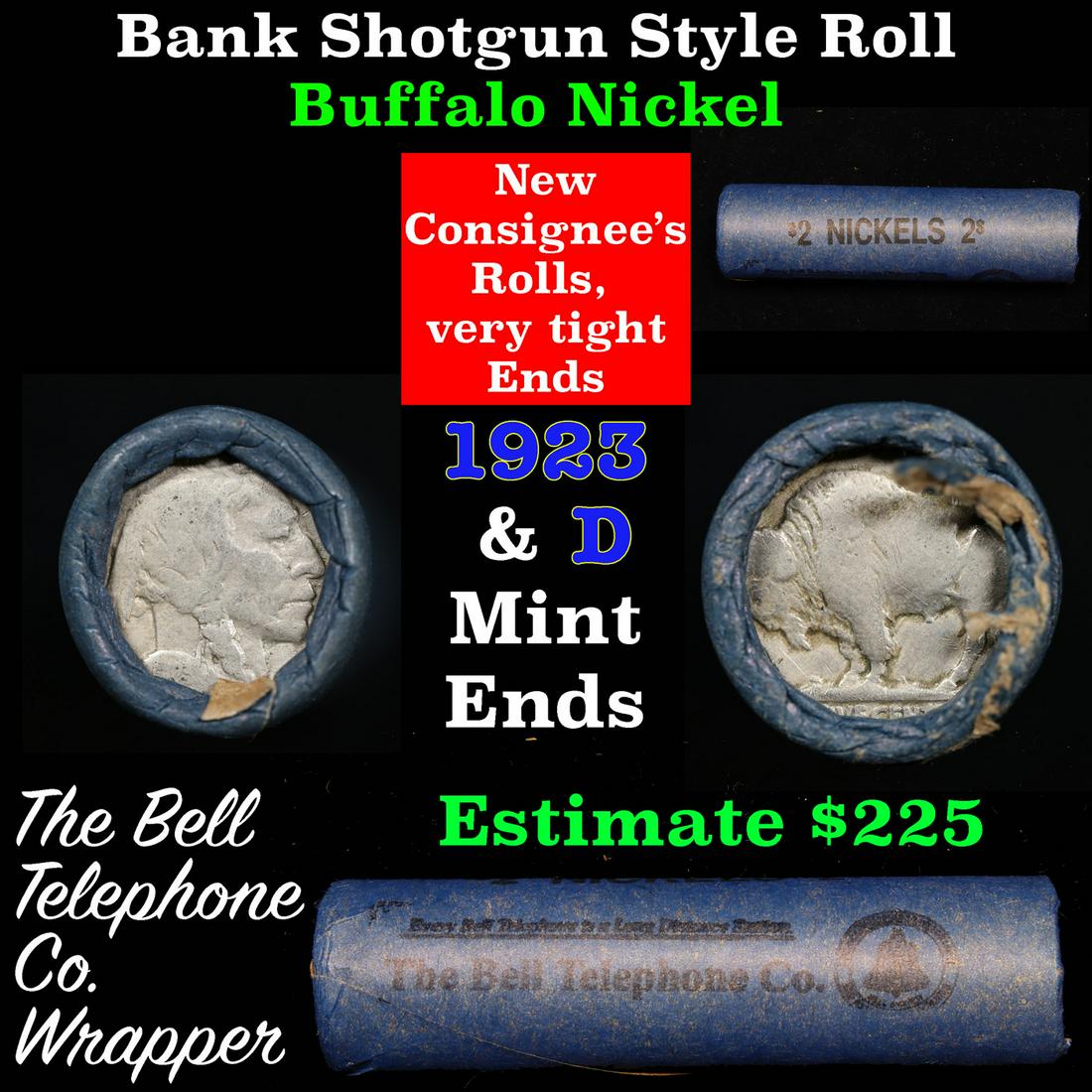Buffalo Nickel Shotgun Roll in Old Bank Style 'Bell Telephone' Wrapper 1923 &d Mint Ends Grades: Buffalo Nickel Shotgun Roll in Old Bank Style 'Bell Telephone' Wrapper 1923 &d Mint Ends Grades. The roll is held in an old, rare "Bell Telephone Co." Bank style wrapper. This is the Bell Telephone lo