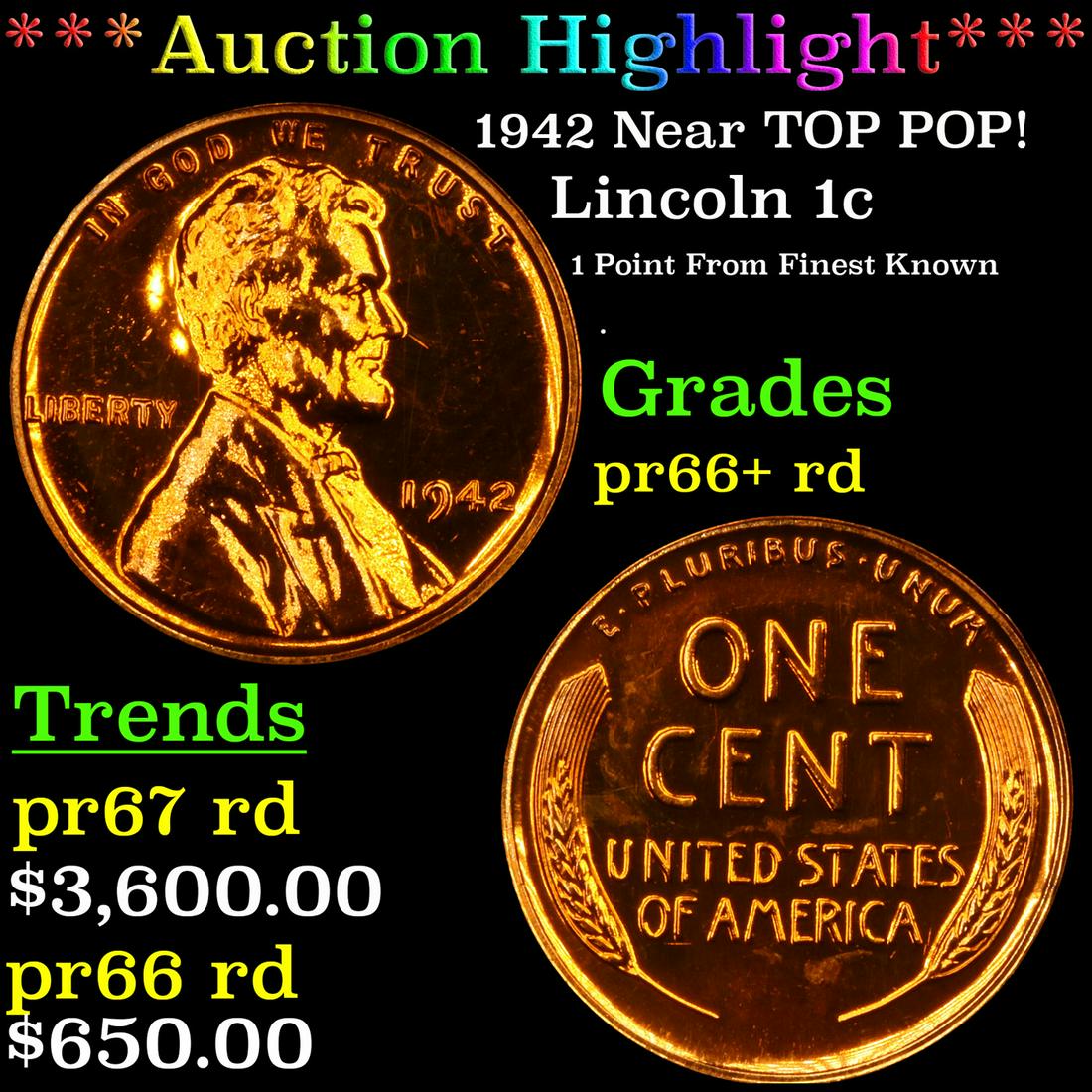 Proof ***Auction Highlight*** 1942 Lincoln Cent Near TOP POP! 1c Graded pr66+ rd BY SEGS (fc) (1 of 7)