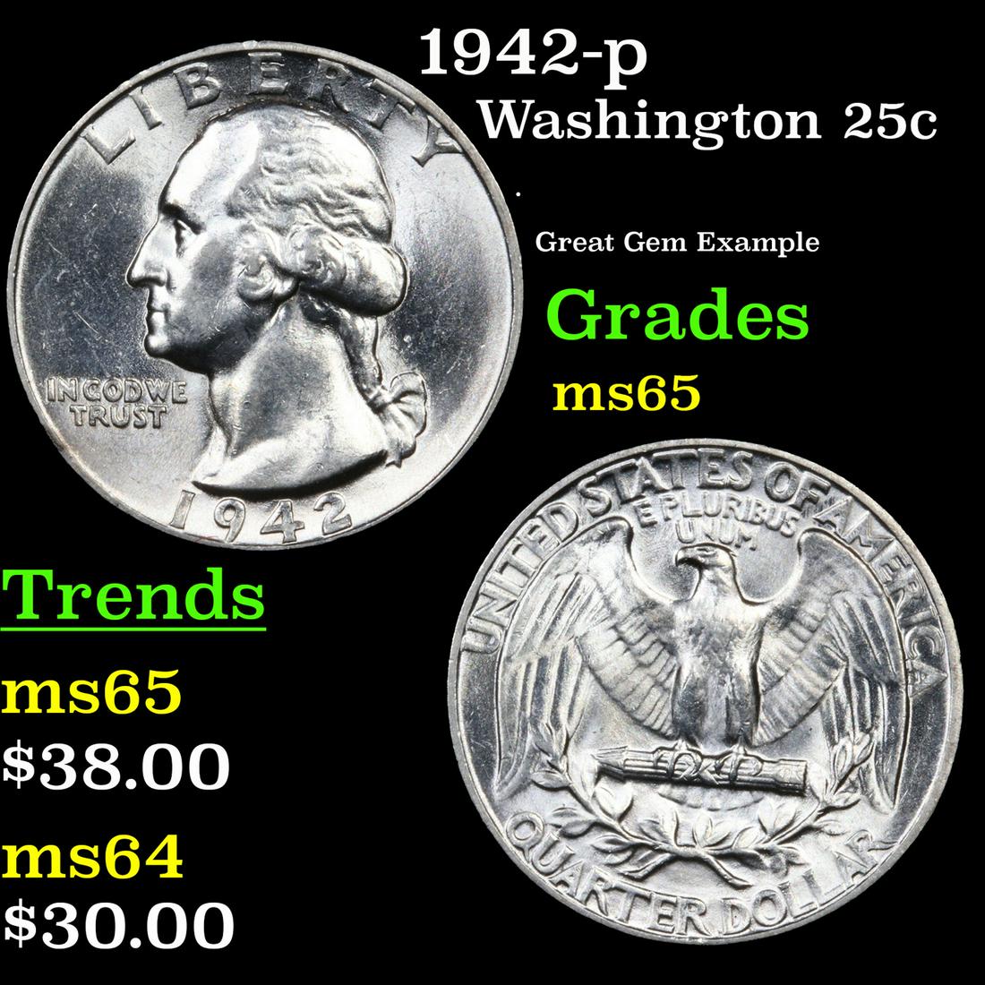 1942-p Washington Quarter 25c Grades GEM Unc (1 of 3)
