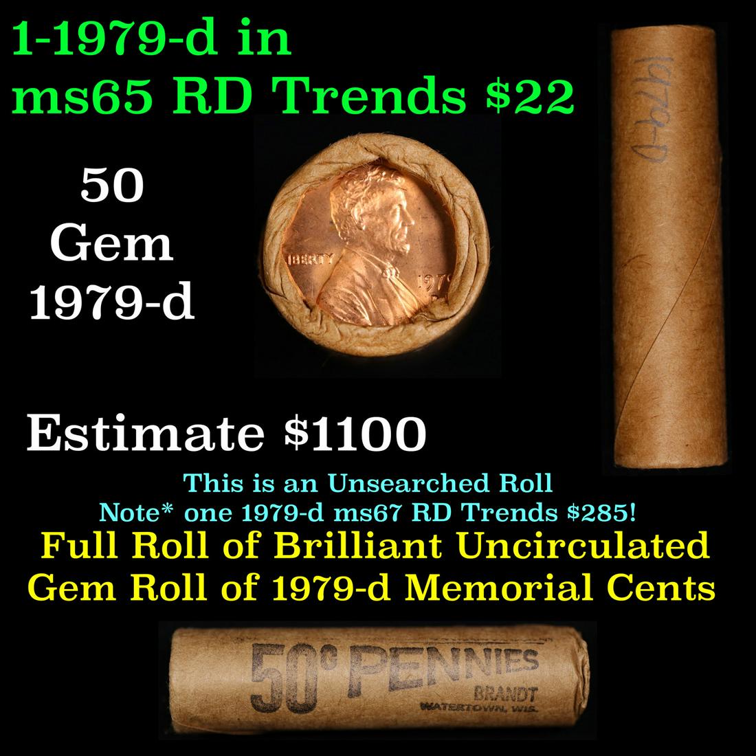 Shotgun Lincoln 1c roll, 1979-d 50 pcs Brink's Wrapper.: Shotgun Lincoln 1c roll, 1979-d 50 pcs Brink's Wrapper.. The roll is held in an old Rare & Collectable Brinks 'Only Brinks Can Open This Safe, Chicago IL' Penny wrapper. Actual roll pictured is the ro