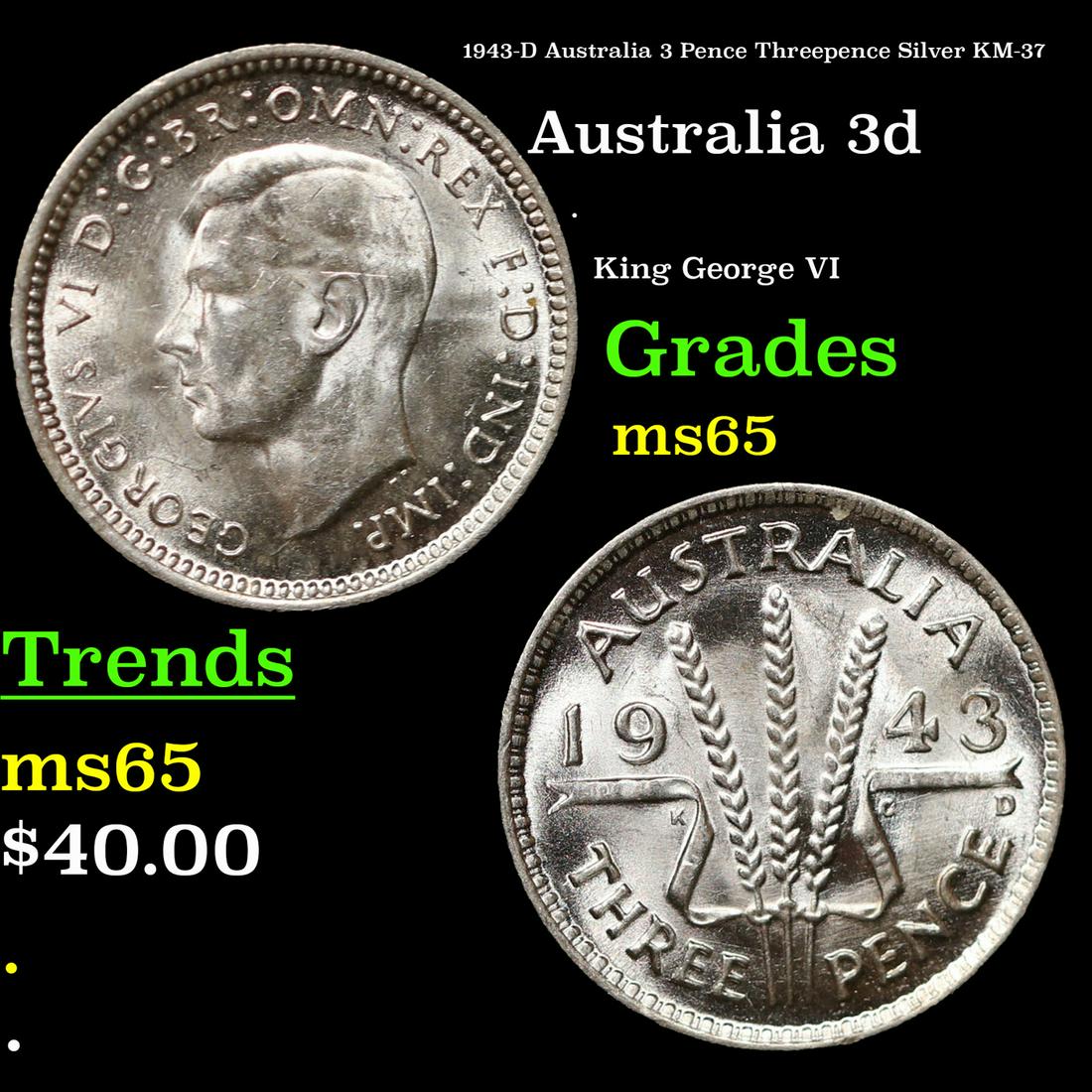 1943-D Australia 3 Pence Threepence Silver KM-37 Grades GEM Unc (1 of 3)