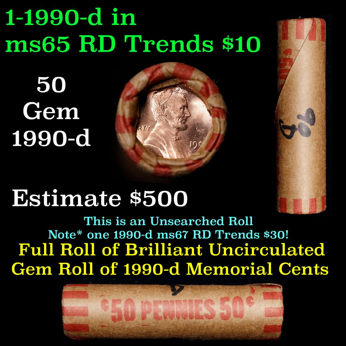 Shotgun Lincoln 1c roll, 1990-d 50 pcs Wrapper.: Shotgun Lincoln 1c roll, 1990-d 50 pcs Wrapper.. A terrific Shotgun roll of Lincoln cents. Most if not all coin should be cherry red. Trends ms65 rd $10