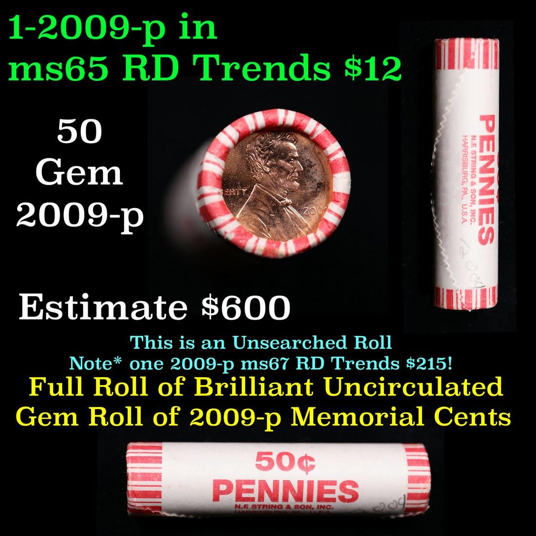 Shotgun Lincoln 1c roll, 2009-p Bi-centennial 50 pcs N.F String & Son Wrapper.: Shotgun Lincoln 1c roll, 2009-p Bi-centennial 50 pcs N.F String & Son Wrapper.. A terrific Shotgun roll of Lincoln cents. Most if not all coin should be cherry red. Trends ms65 rd $10-12