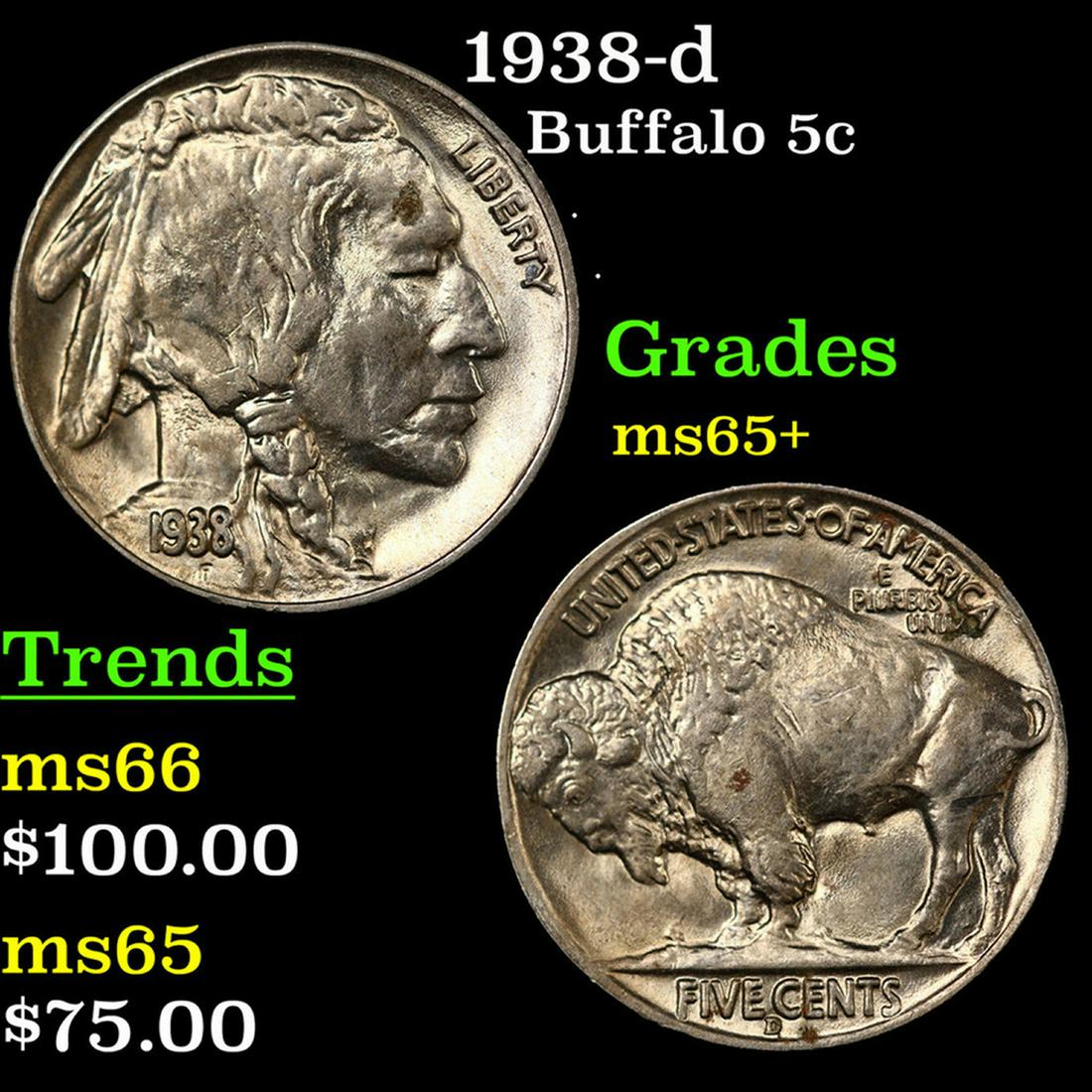 1938-d Buffalo Nickel 5c Grades GEM+ Unc (1 of 3)