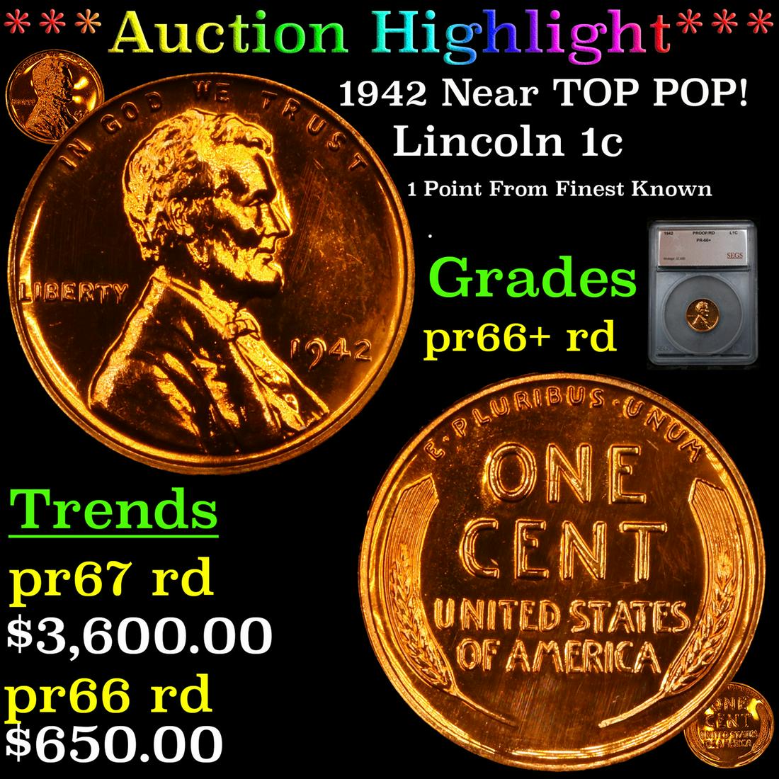 Proof ***Auction Highlight*** 1942 Lincoln Cent Near TOP POP! 1c Graded pr66+ rd BY SEGS (fc) (1 of 7)