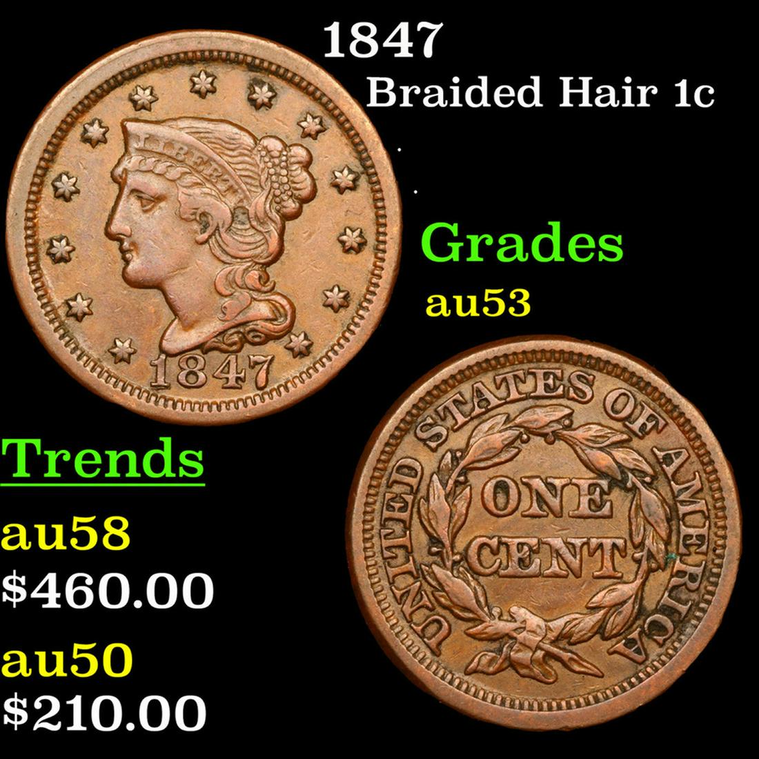 1847 Braided Hair Large Cent 1c Grades Select AU (1 of 3)