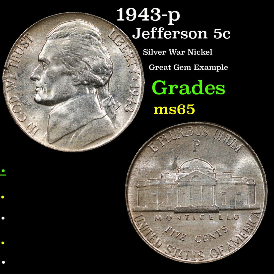 1943-p Jefferson Nickel 5c Grades GEM Unc (1 of 3)