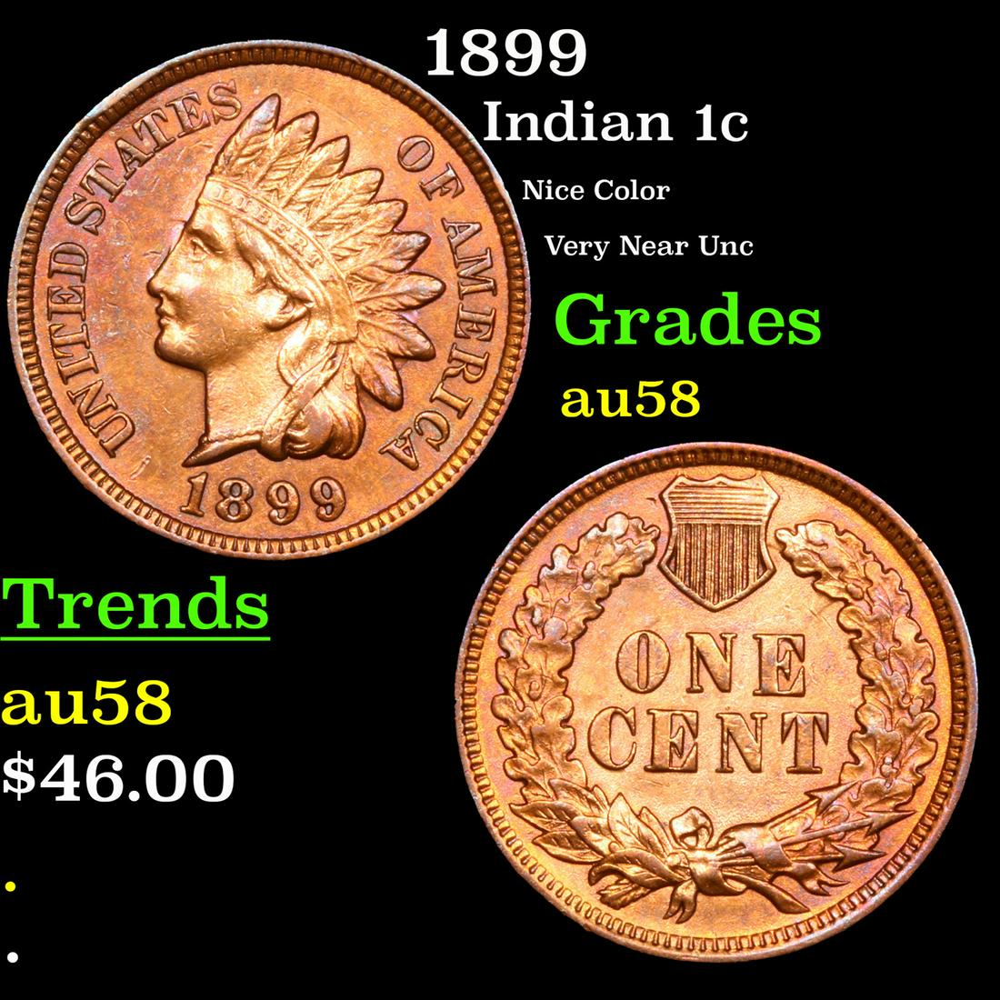 1899 Indian Cent 1c Grades Choice AU/BU Slider (1 of 3)