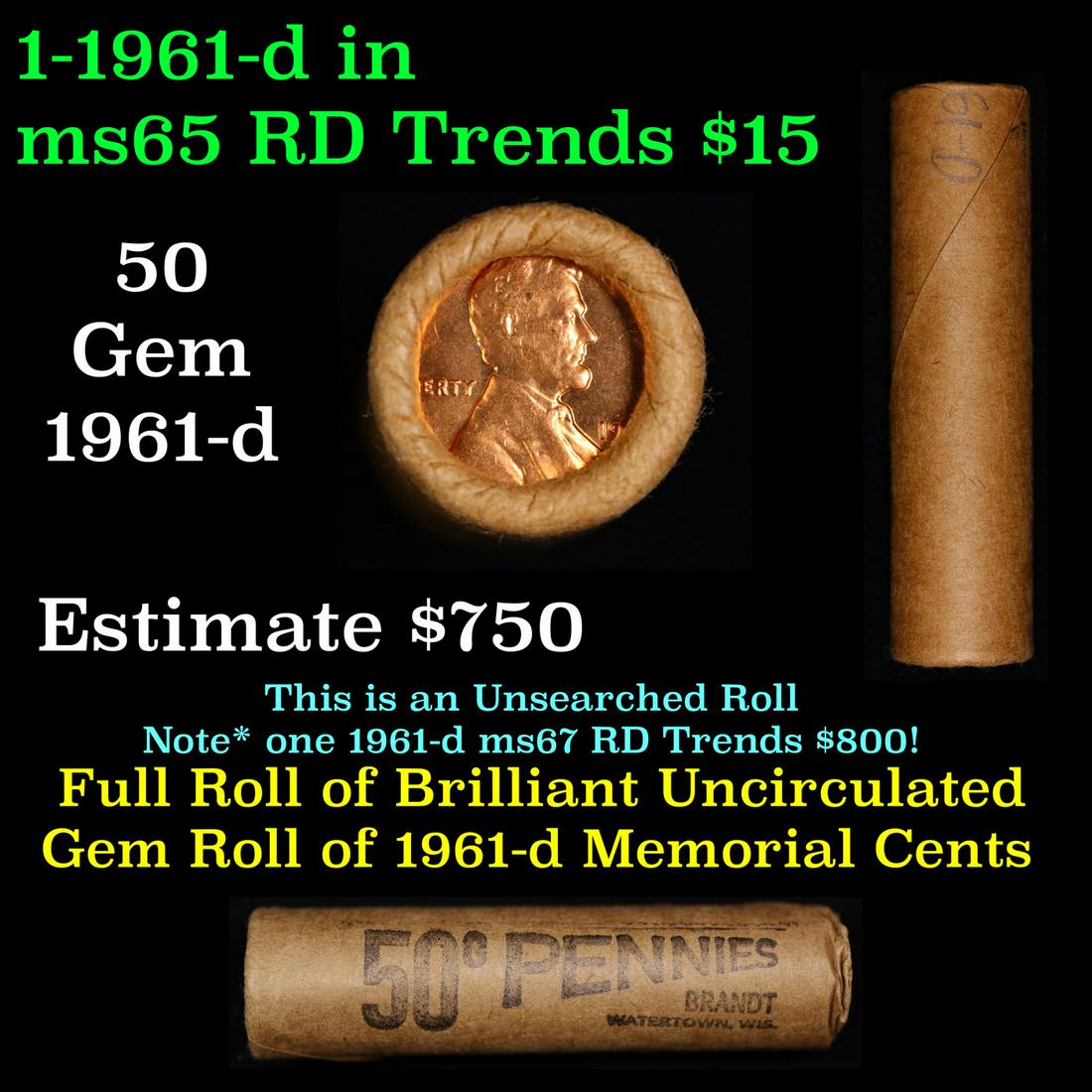 Shotgun Lincoln 1c roll, 1961-d 50 pcs Brandt Wrapper. (1 of 3)