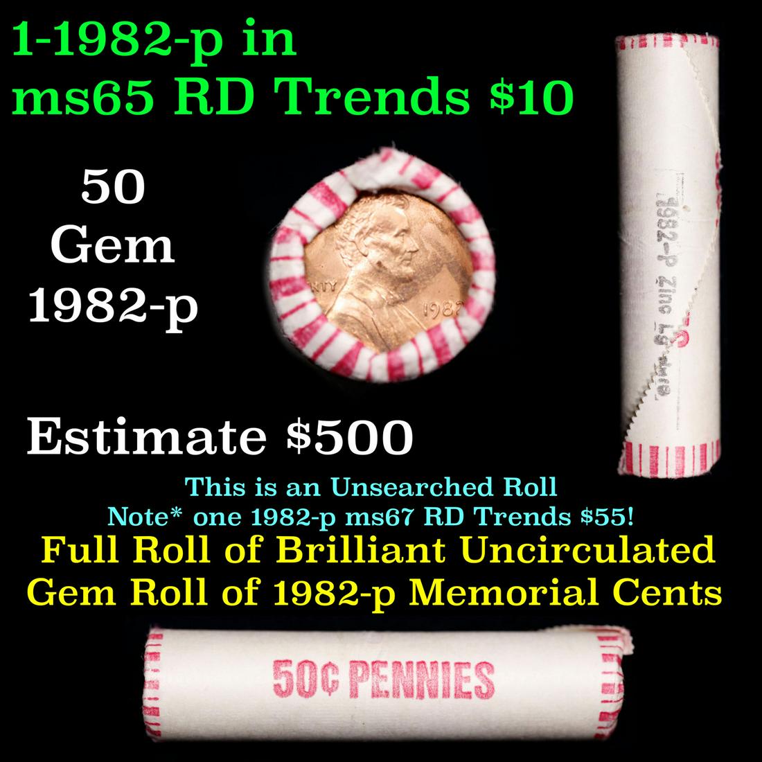 Shotgun Lincoln 1c roll, 1982-p Zinc Lg date 50 pcs Wrapper.: Shotgun Lincoln 1c roll, 1982-p Zinc Lg date 50 pcs Wrapper.. A terrific Shotgun roll of Lincoln cents. Most if not all coin should be cherry red. Trends ms65 rd $12
