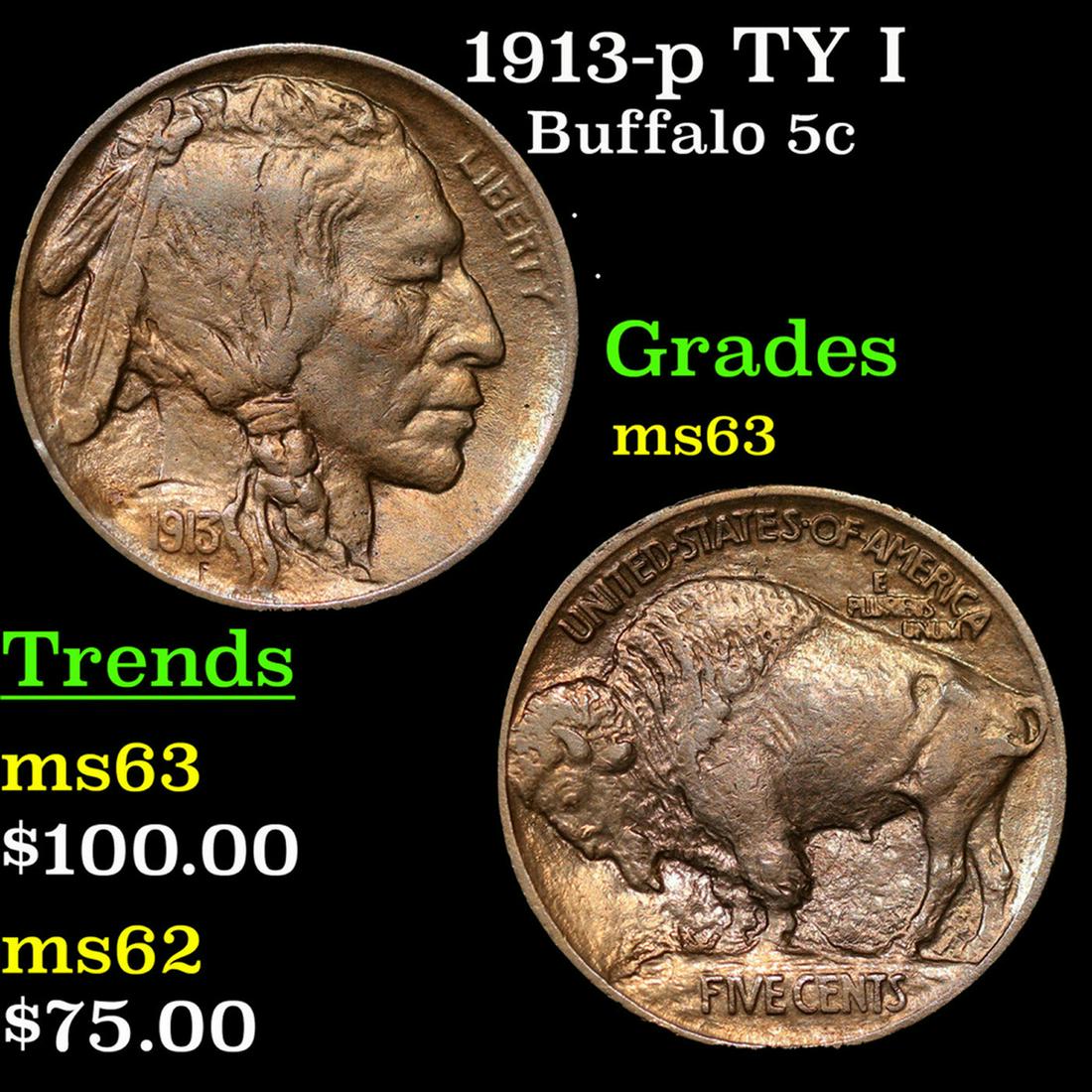 1913-p TY I Buffalo Nickel 5c Grades Select Unc (1 of 3)