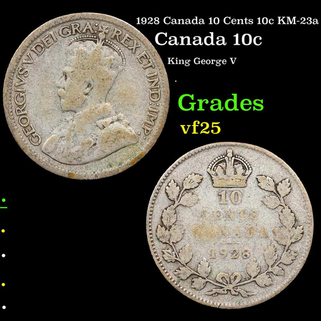1928 Canada 10 Cents 10c KM-23a Grades vf+: 1928 Canada 10 Cents 10c KM-23a Grades vf+. King George V (George Frederick Ernest Albert; 3 June 1865 â€“ 20 January 1936) was King of the United Kingdom and the British Dominions, and Emperor o