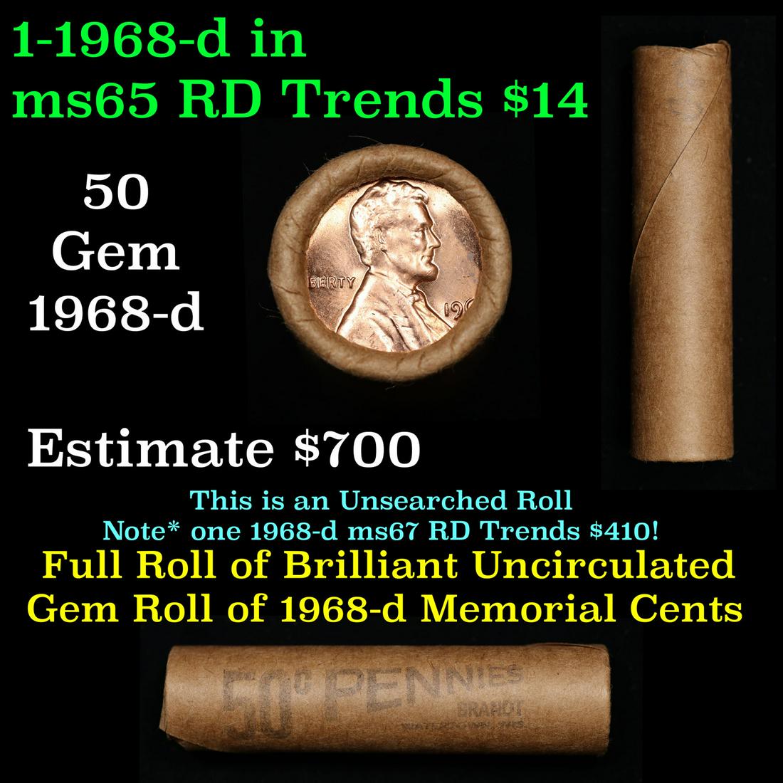 Shotgun Lincoln 1c roll, 1968-d 50 pcs Brandt Wrapper.: Shotgun Lincoln 1c roll, 1968-d 50 pcs Brandt Wrapper.. A terrific Shotgun roll of Lincoln cents. Most if not all coin should be cherry red. Trends ms65 rd $14