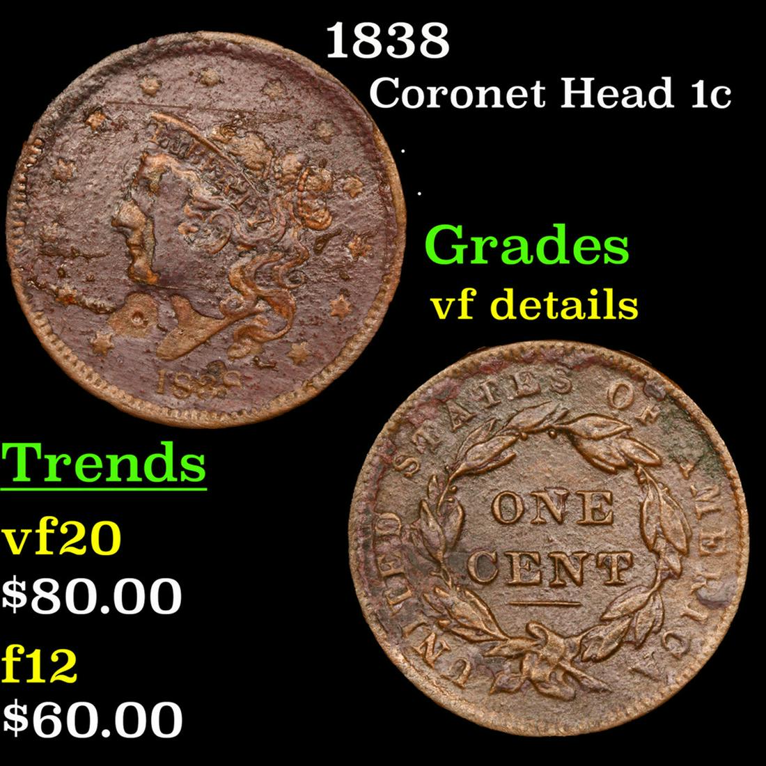 1838 Coronet Head Large Cent 1c Grades vf details (1 of 3)