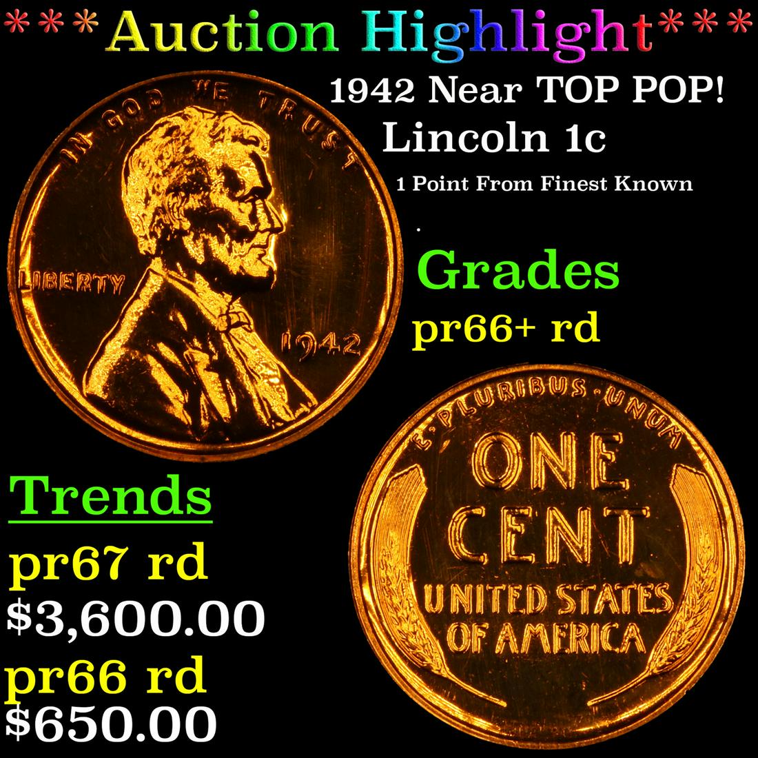 Proof ***Auction Highlight*** 1942 Lincoln Cent Near TOP POP! 1c Graded pr66+ rd BY SEGS (fc) (1 of 6)