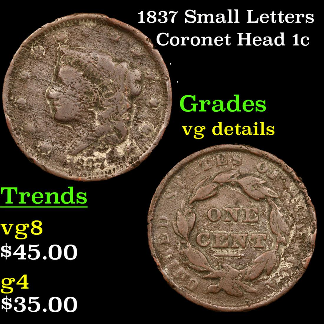 1837 Small Letters Coronet Head Large Cent 1c Grades vg details (1 of 3)