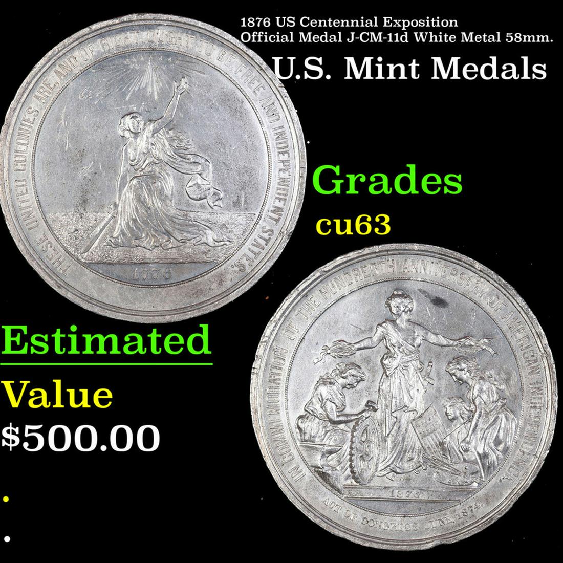 1876 US Centennial Exposition Official Medal J-CM-11d White Metal 58mm. (1 of 3)