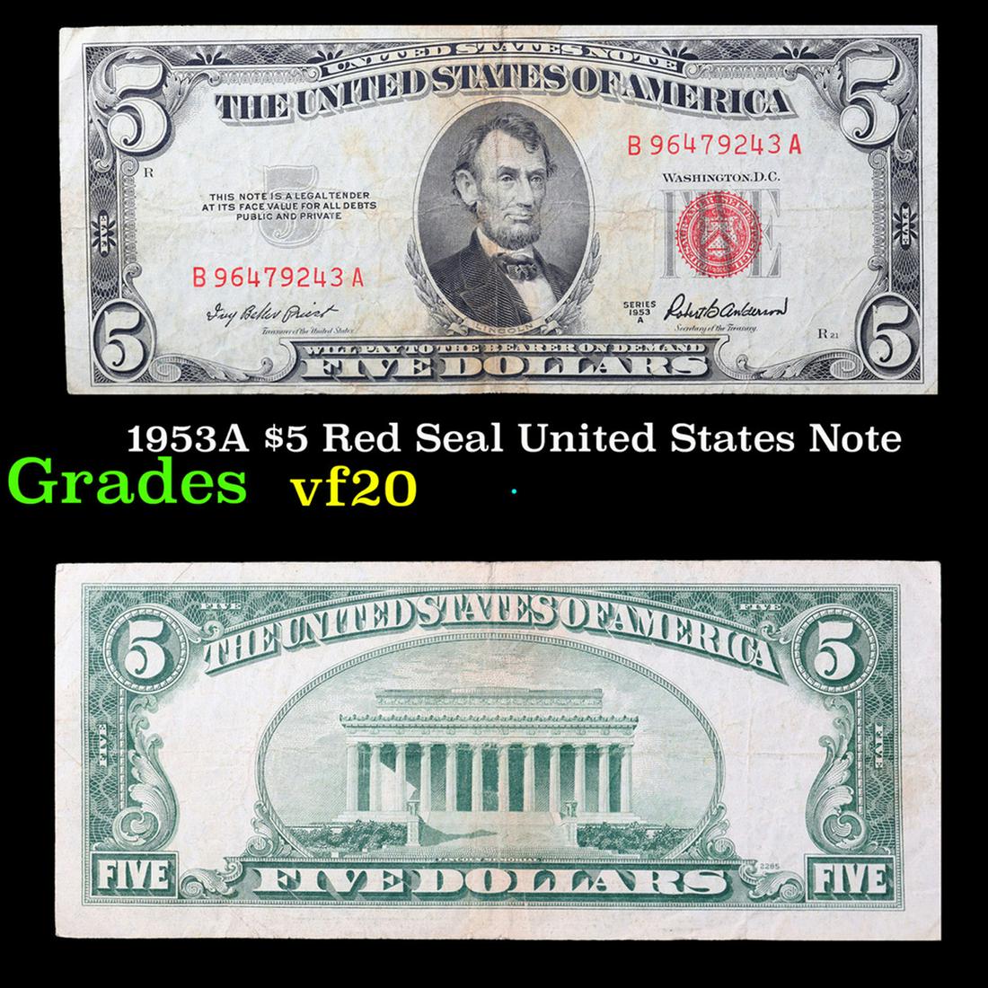 1953A $5 Red Seal United States Note Grades vf, very fine (1 of 3)