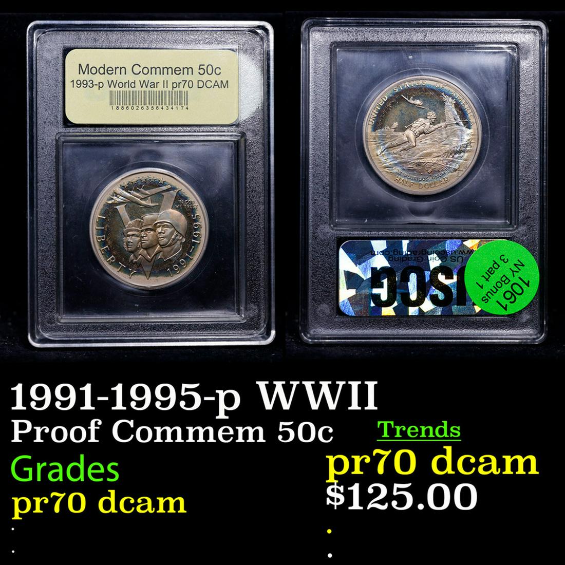Proof 1991-1995-p WWII Modern Commem Half Dollar 50c Graded GEM++ Proof Deep Cameo BY USCG (1 of 3)