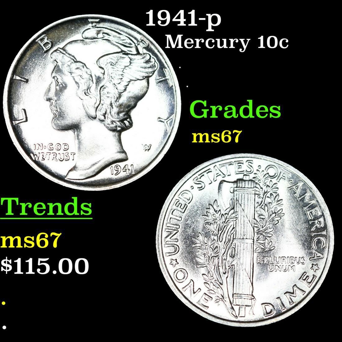 1941-p Mercury Dime 10c Grades GEM++ Unc (1 of 3)