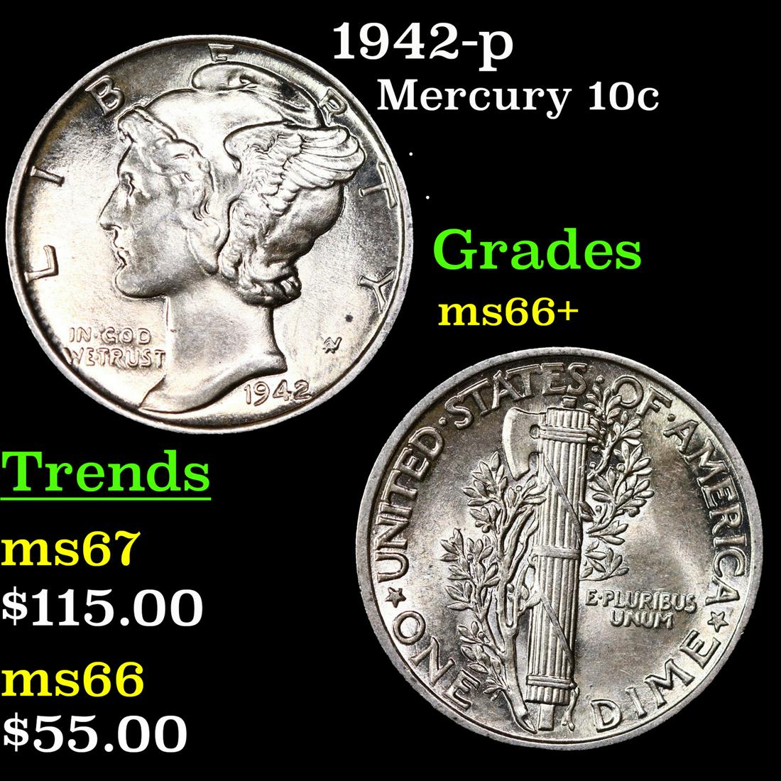 1942-p Mercury Dime 10c Grades GEM++ Unc (1 of 3)