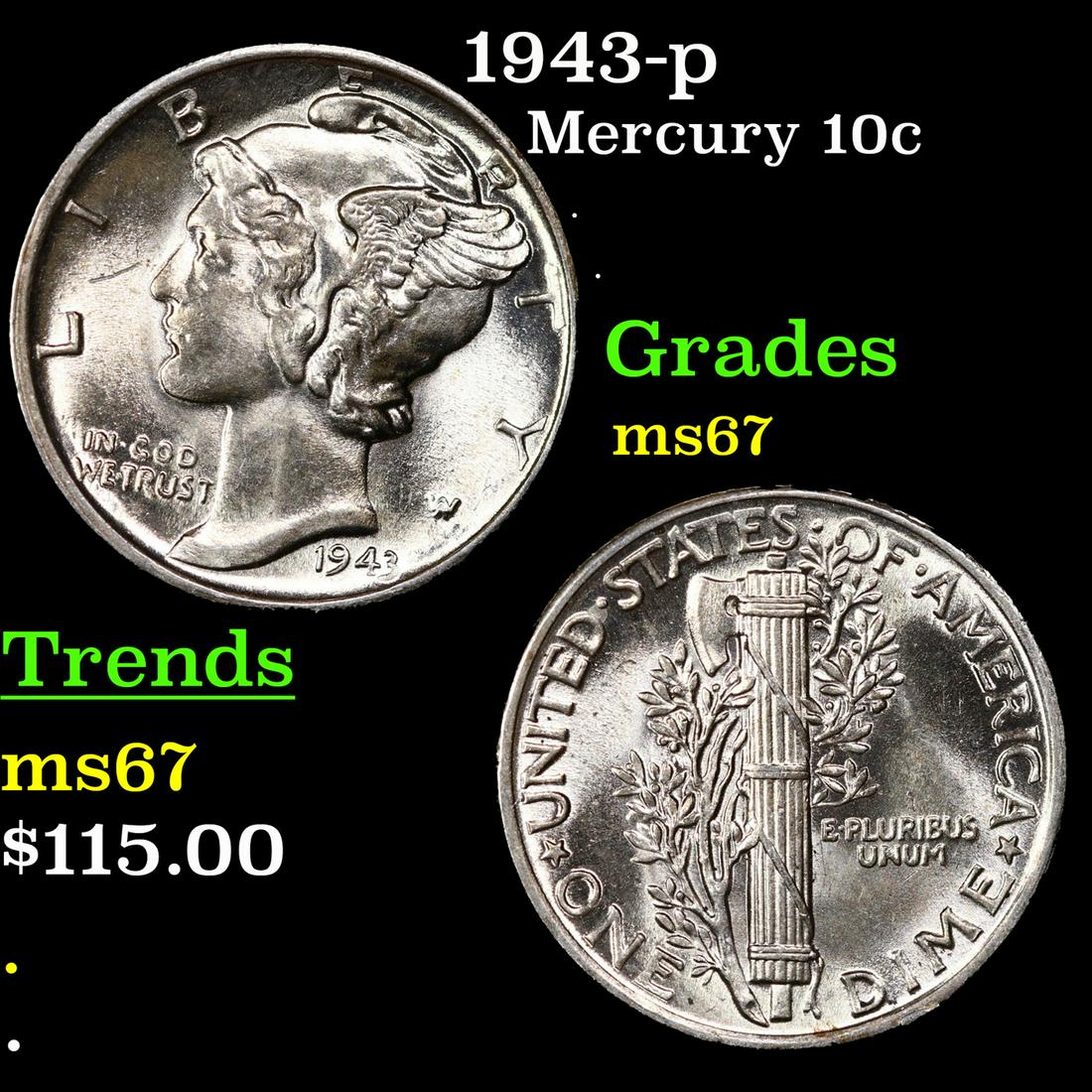 1943-p Mercury Dime 10c Grades GEM++ Unc (1 of 3)