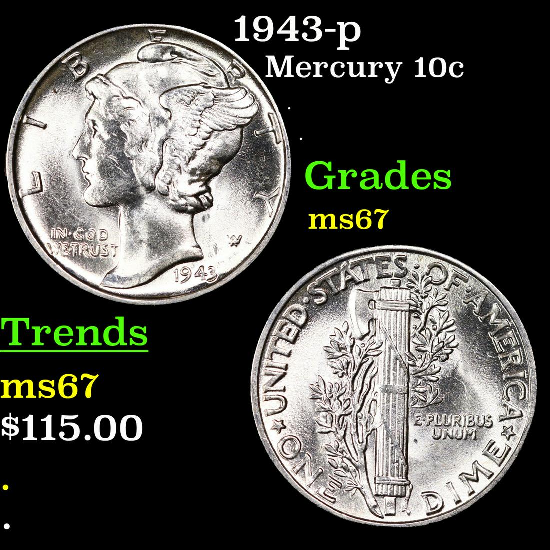 1943-p Mercury Dime 10c Grades GEM++ Unc (1 of 3)