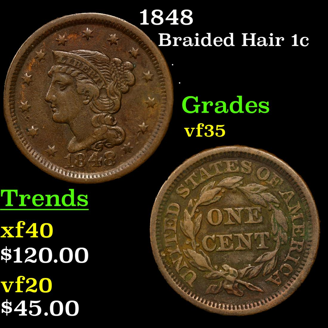 1848 Braided Hair Large Cent 1c Grades vf++ (1 of 3)