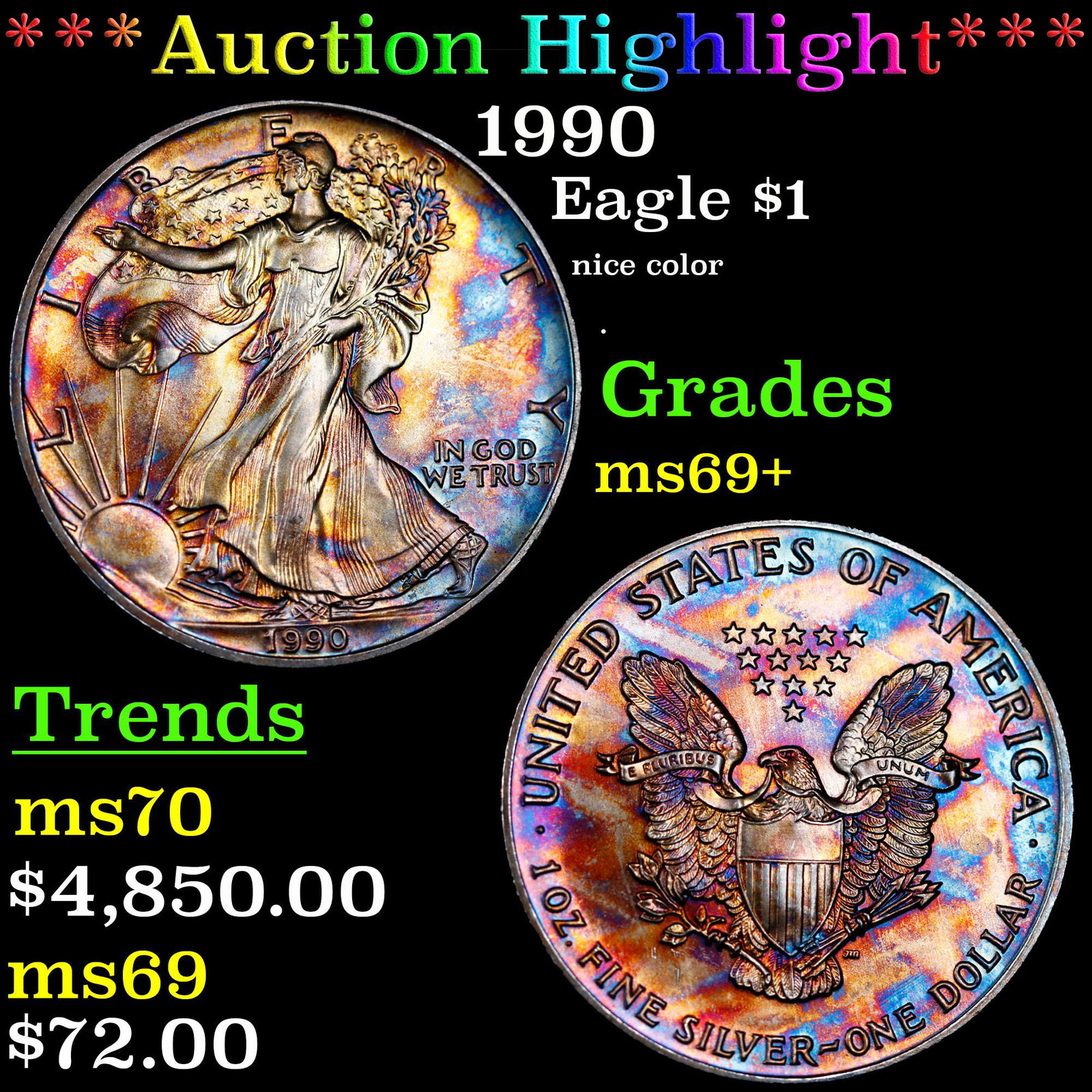 ***Auction Highlight*** 1990 Silver Eagle Dollar $1 Graded ms69+ BY SEGS (fc) (1 of 5)