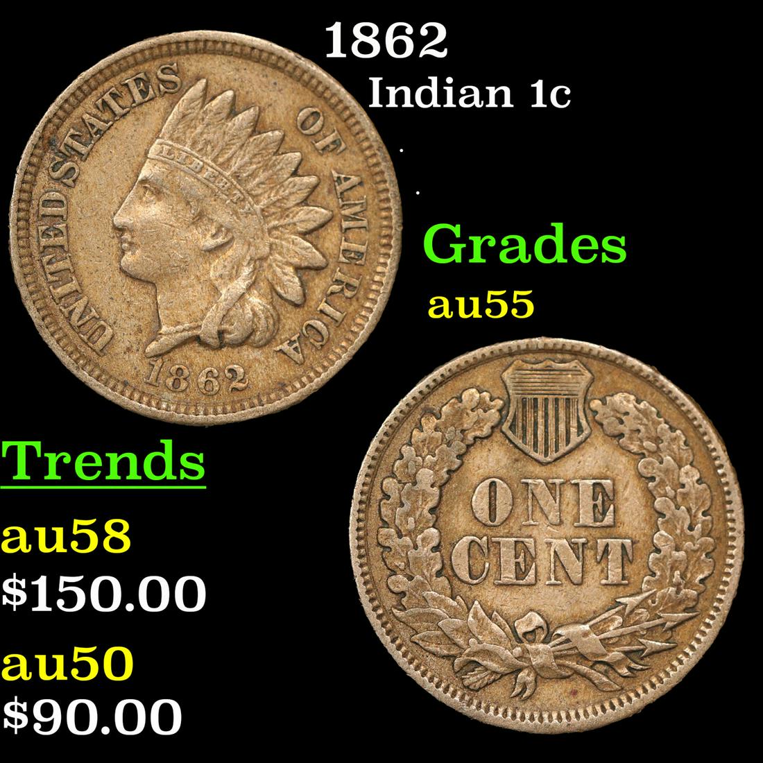 1862 Indian Cent 1c Grades Choice AU (1 of 3)