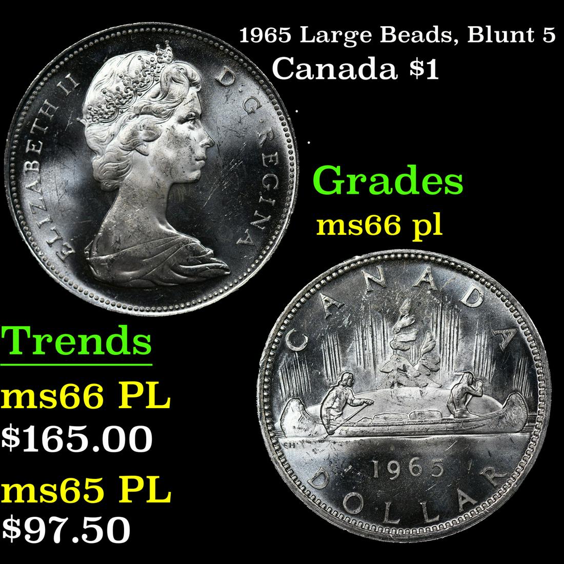 1965 Large Beads, Blunt 5 Canada Dollar $1 Grades GEM+ UNC PL (1 of 3)