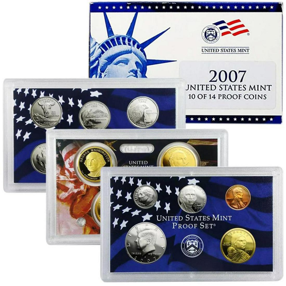 2007 Mint Proof Set In Original Case! 14 Coins Inside!: 2007 Mint Proof Set In Original Case! 14 Coins Inside!. The 2007 Proof Set marked the introduction of a new series of golden dollars featuring the former Presidents in the order served. With the addit