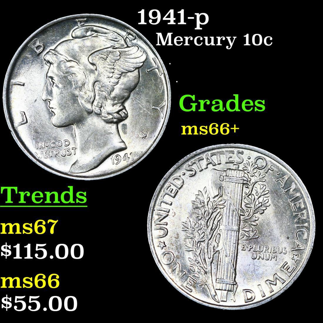 1941-p Mercury Dime 10c Grades GEM++ Unc (1 of 3)