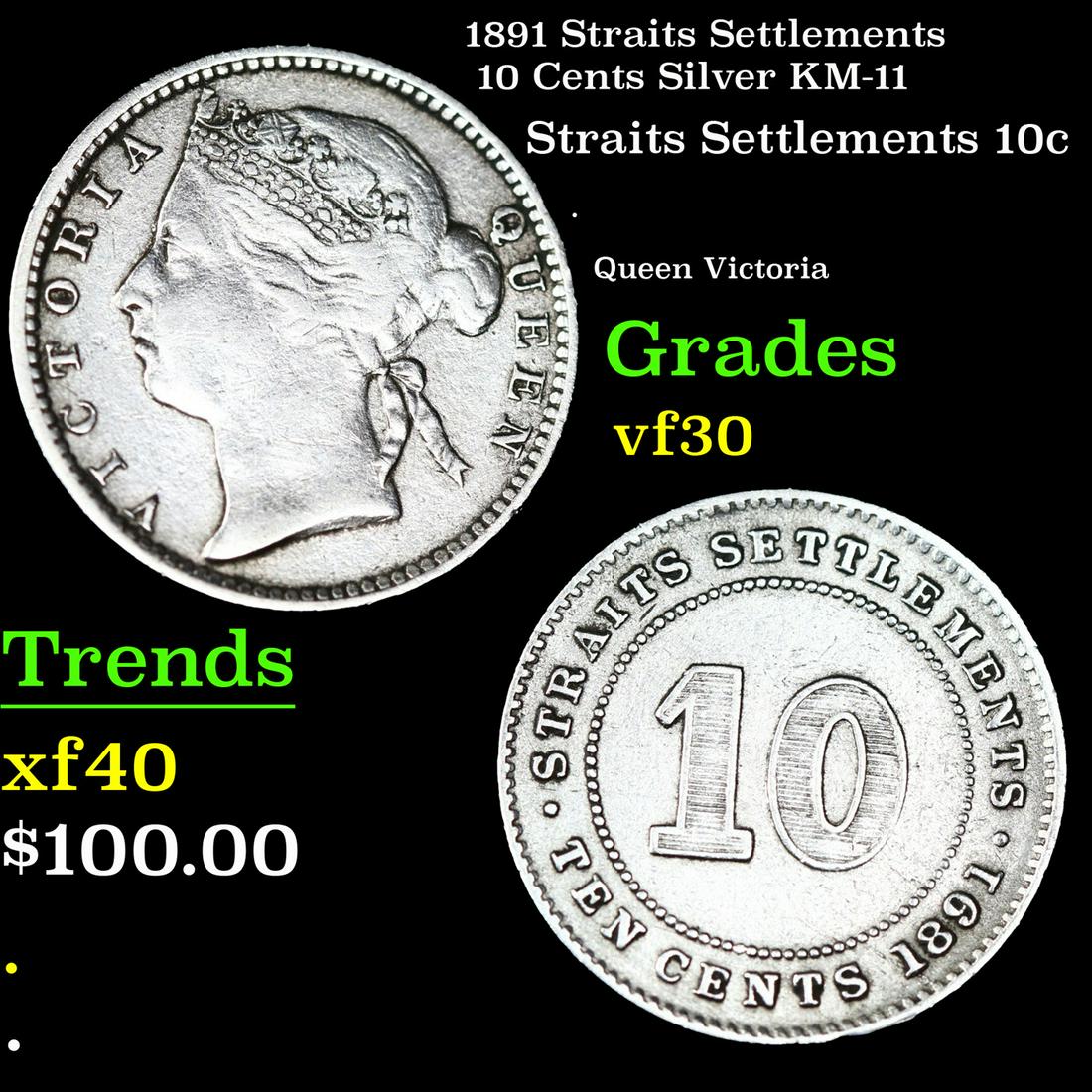 1891 Straits Settlements 10 Cents Silver KM-11 Grades vf++ (1 of 3)