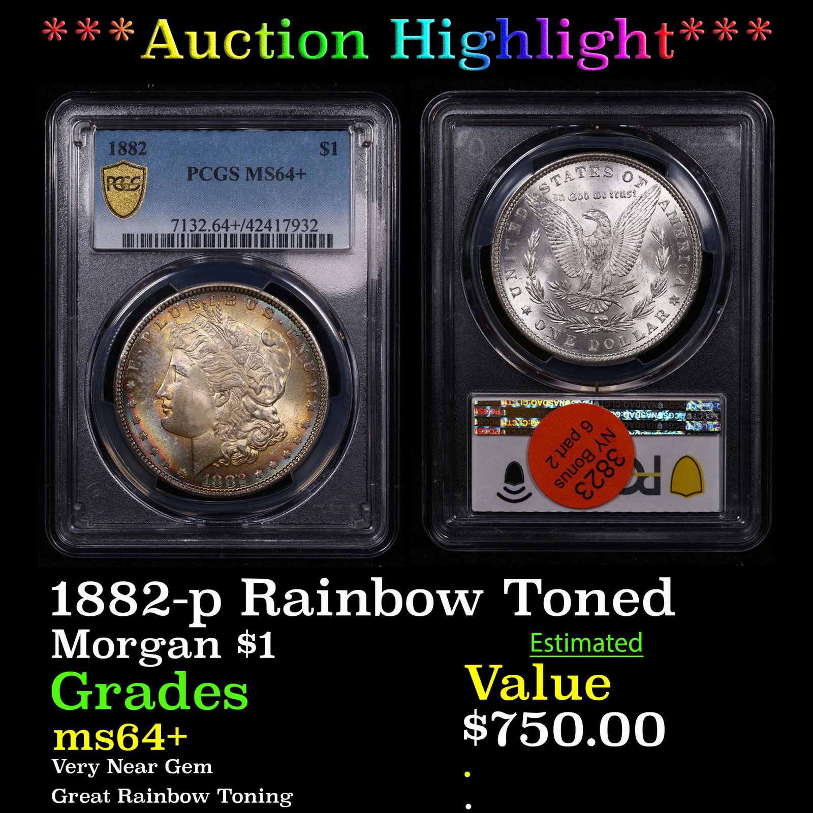 ***Auction Highlight*** PCGS 1882-p Rainbow Toned Morgan Dollar $1 Graded ms64+ By PCGS (fc) (1 of 3)