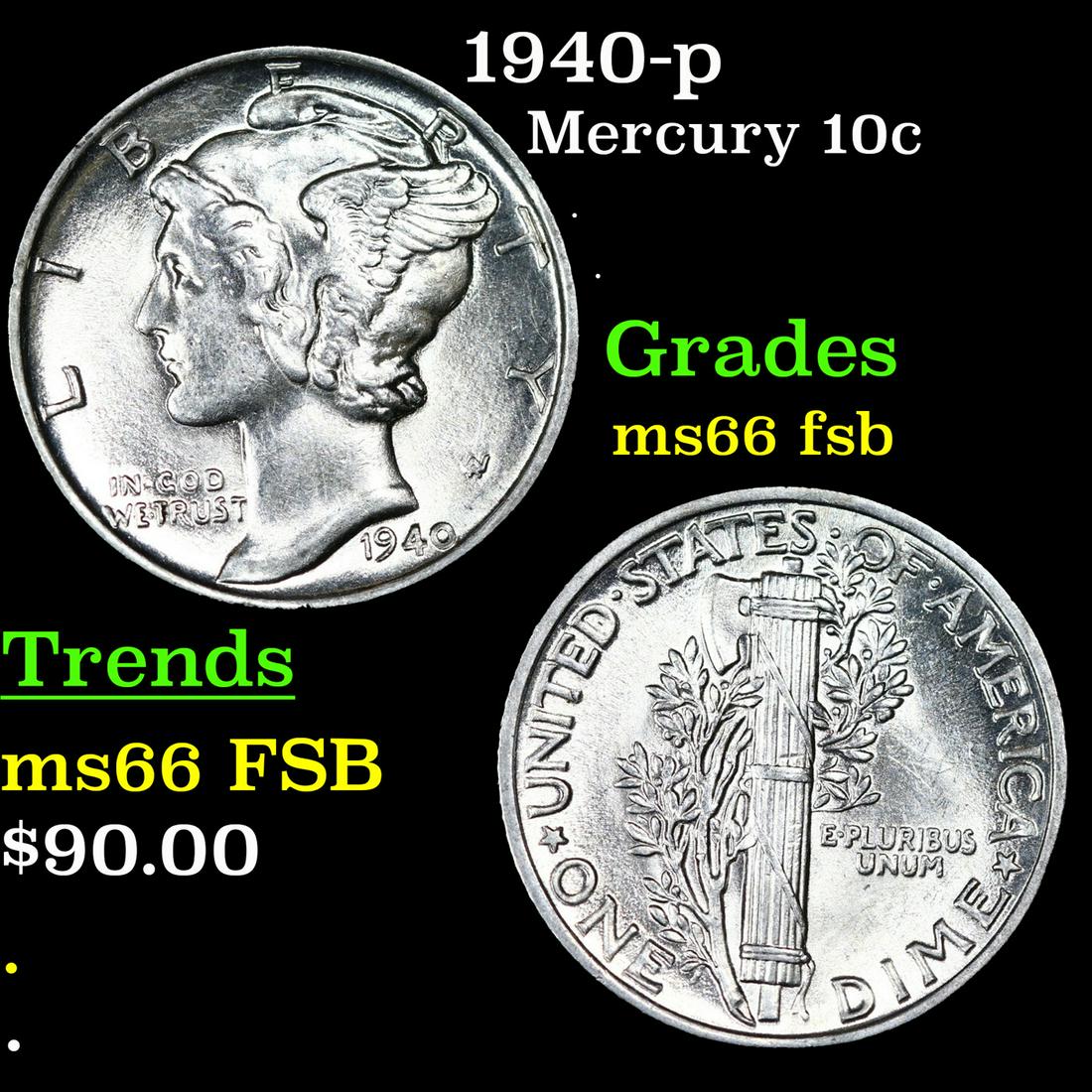 1940-p Mercury Dime 10c Grades GEM+ FSB (1 of 3)
